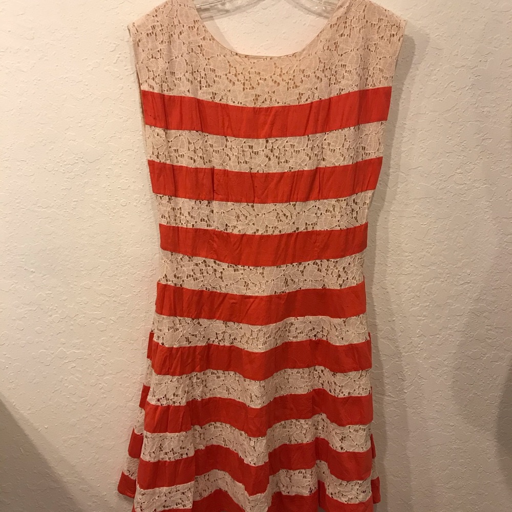 LOUCHE lg stripe crochet sleeveless flare dress 14